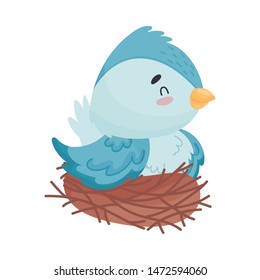 Cartoon bird sitting nest. Vector illustration on white background.