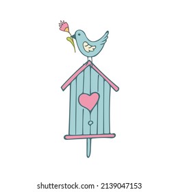 Сute cartoon bird sitting on a birdhouse with a flower in its beak. Vector illustration. Design element for card, cover, sticker or decoration of kids things.