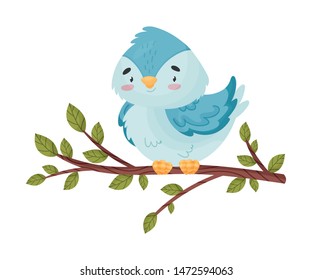 Cartoon bird sitting on a branch. Vector illustration on white background.