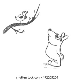 Cartoon bird sitting on a branch. ?artoon dog looking upon the white background. Cute illustration. LIne draw. Hand draw