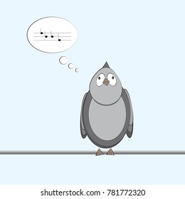 Cartoon bird sitting on the wire and thinking about music. Flat vector illustration