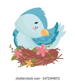 Cartoon bird sleeping in the nest. Vector illustration on white background.