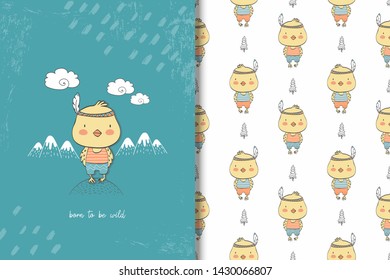 Cartoon bird sparrow character card template and seamless background pattern. Kids design vector illustration