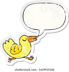 cartoon bird with speech bubble distressed distressed old sticker