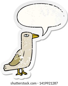 cartoon bird with speech bubble distressed distressed old sticker