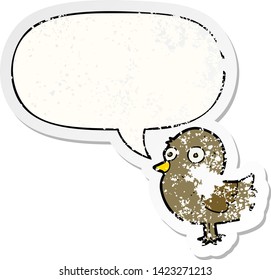 Cartoon-Vogel mit Sprachblase bedrückte alte Aufkleber