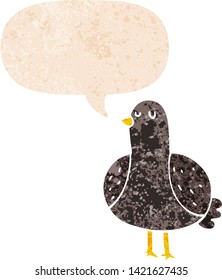 cartoon bird with speech bubble in grunge distressed retro textured style