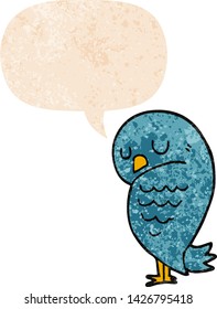 cartoon bird with speech bubble in grunge distressed retro textured style
