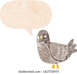 cartoon bird with speech bubble in grunge distressed retro textured style