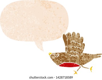 cartoon bird with speech bubble in grunge distressed retro textured style