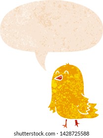 cartoon bird with speech bubble in grunge distressed retro textured style