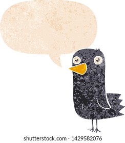 cartoon bird with speech bubble in grunge distressed retro textured style