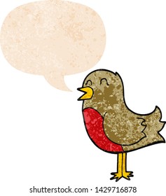 cartoon bird with speech bubble in grunge distressed retro textured style