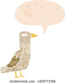 cartoon bird with speech bubble in grunge distressed retro textured style