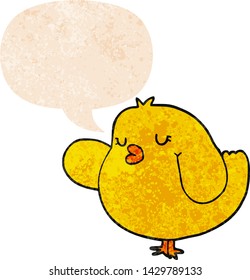 cartoon bird with speech bubble in grunge distressed retro textured style