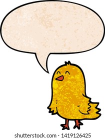 cartoon bird with speech bubble in retro texture style