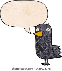 cartoon bird with speech bubble in retro texture style