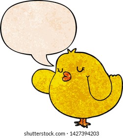 cartoon bird with speech bubble in retro texture style