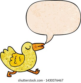 cartoon bird with speech bubble in retro texture style