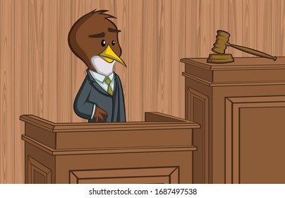 Cartoon bird standing in the dock. Sad defendant Nightingale in a court of law.