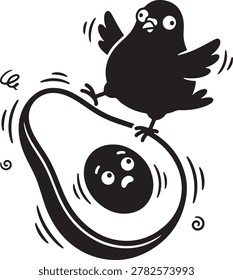 Cartoon bird standing on a scared looking avocado half flying through air