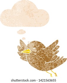 cartoon bird with thought bubble in grunge distressed retro textured style