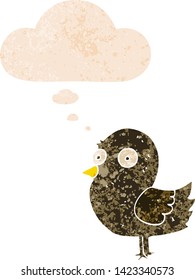 cartoon bird with thought bubble in grunge distressed retro textured style