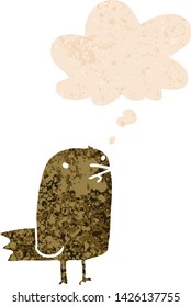 cartoon bird with thought bubble in grunge distressed retro textured style
