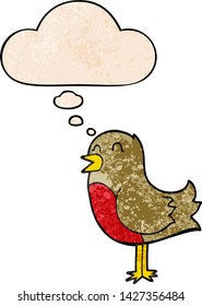 cartoon bird with thought bubble in grunge texture style