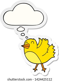 pájaro caricaturista con burbuja de pensamiento como pegatina impresa