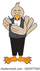 A cartoon bird waiter is adding up a customer's bill