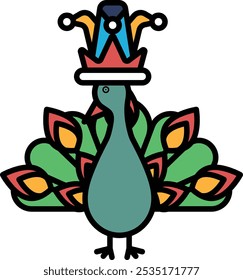 A cartoon bird wearing a crown and a hat. The bird is green and red