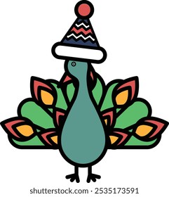 Un pájaro de dibujos animados con un sombrero y una cola de plumas verdes. El pájaro lleva un sombrero y tiene un sombrero a rayas rojo y azul