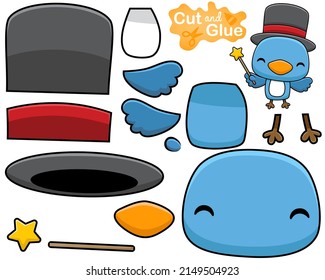 Cartoon of bird wearing magician hat while holding magic stick. Cutout and gluing