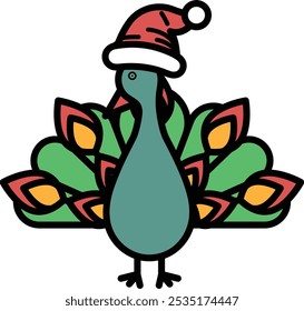 A cartoon bird wearing a Santa hat. The bird is green and red