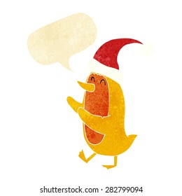 cartoon bird wearing xmas hat with speech bubble