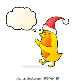 cartoon bird wearing xmas hat with thought bubble