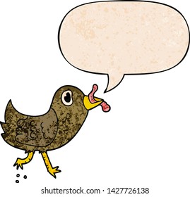 pájaro caricaturista con gusano con burbuja de habla en estilo de textura retro