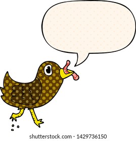 cartoon bird with worm with speech bubble in comic book style