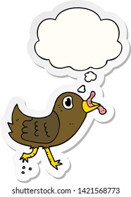 cartoon bird with worm with thought bubble as a printed sticker