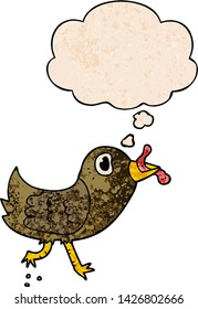 cartoon bird with worm with thought bubble in grunge texture style