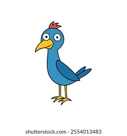 A cartoon bird with a yellow beak and blue feathers. The bird is looking at the camera with a surprised expression