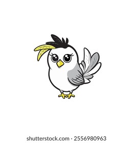 Cartoon Bird with Yellow Beak and Grey Wings on a White Background