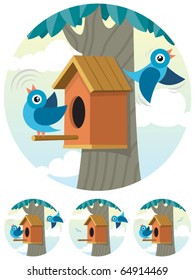 Cartoon birdhouse and 2 bluebirds depicted in 4 different situations. 