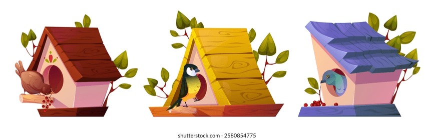 Cartoon birdhouse collection with perched birds, wooden roofs, decorative leaves and food berries. Colorful nesting boxes for garden decoration. Nature care elements - cute birdcage with animals.