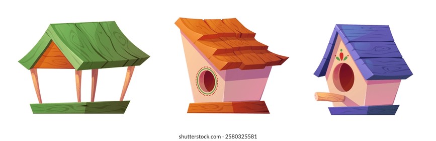 Cartoon birdhouse collection - wooden shelters with round shaped openings, color roofs, decorative feeding platforms. Nature care elements for garden decoration. Bird home and feeder.