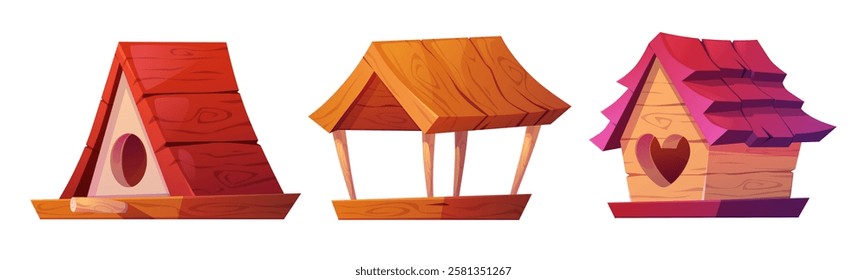 Cartoon birdhouse collection - wooden shelters with heart and round shaped openings, red roofs, decorative feeding platforms. Nature care elements for garden decoration. Bird home and feeder.