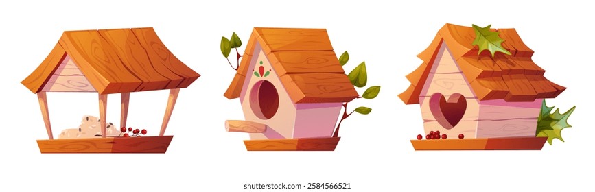 Cartoon birdhouse and feeder set - wooden nesting boxes with berries and grain pile, green leaves, round and heart shaped entrance holes and decorated roofs. Bird feeding stations for garden care.