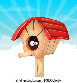 Cartoon birdhouse illustration. Cloud landscape. Vector eps 10