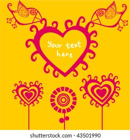 cartoon birds above romantic flowers holding heart, Valentine's Day Heart Banner